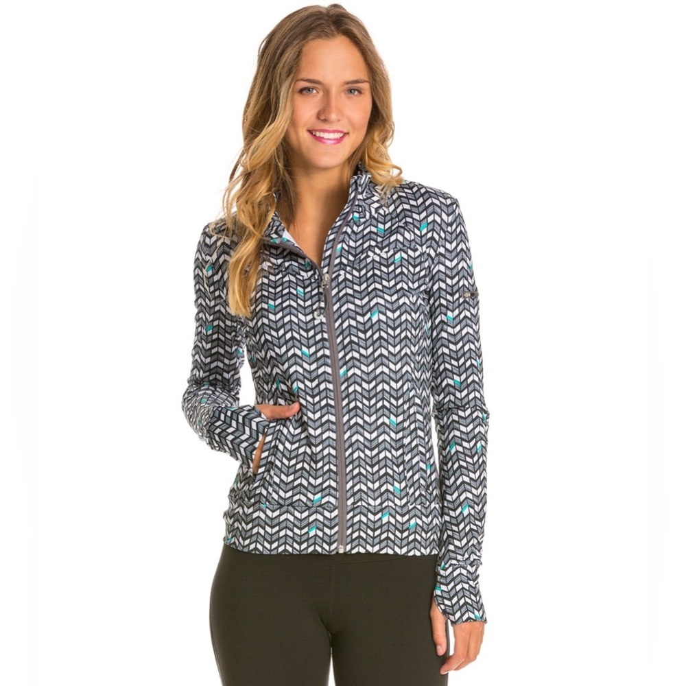 Alo Yoga Warrior 3 Full Zip Jacket White Teal Black Chevron Geometric Size S